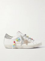 Superstar bead-embellished distressed leather and suede sneakers