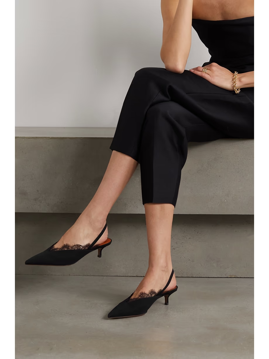 Irena lace-trimmed crepe de chine slingback pumps